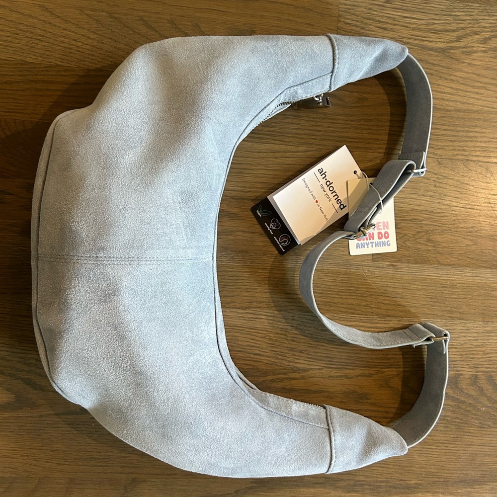 NWT Ah-dorned Sling Handbag in Pale Blue Vegan Faux Suede Silver Accents